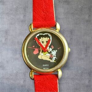 Vintage Betty Boop Quartz Watch with a Red Leather Band & Eye Movement